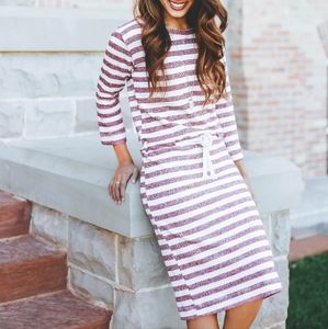 JunieBlake Julianne Maroon Striped Sweatshirt Style Tie Waist Dress